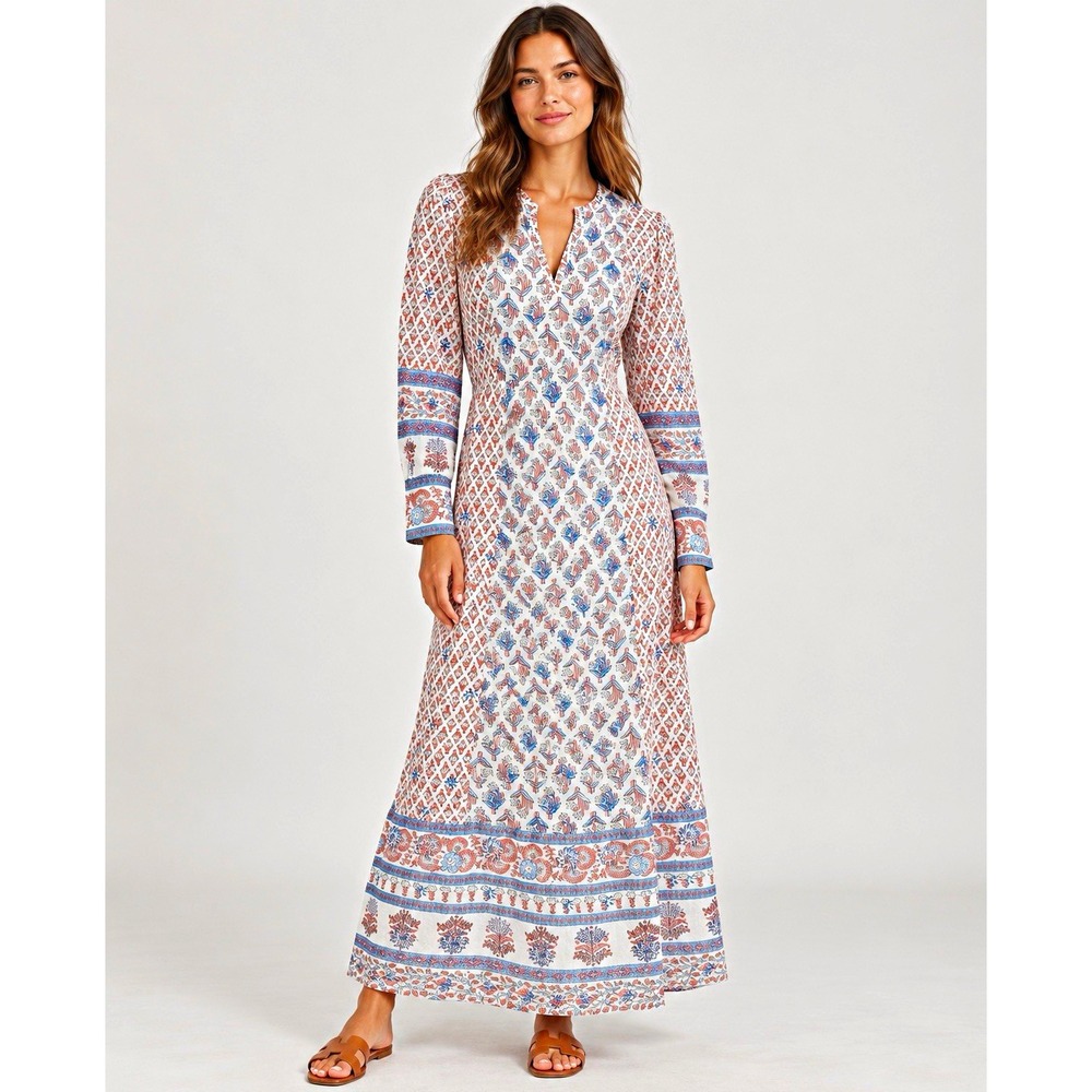 Xirena Joni Dress S Cotton Silk Floral Block Print Boho Midi Maxi Blue Coral